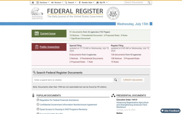 Screenshot van federalregister.gov
