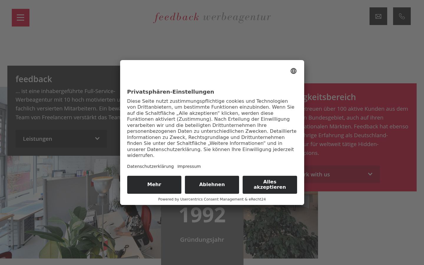 Screenshot des Einwilligungsbanners vor jeglicher Interaktion