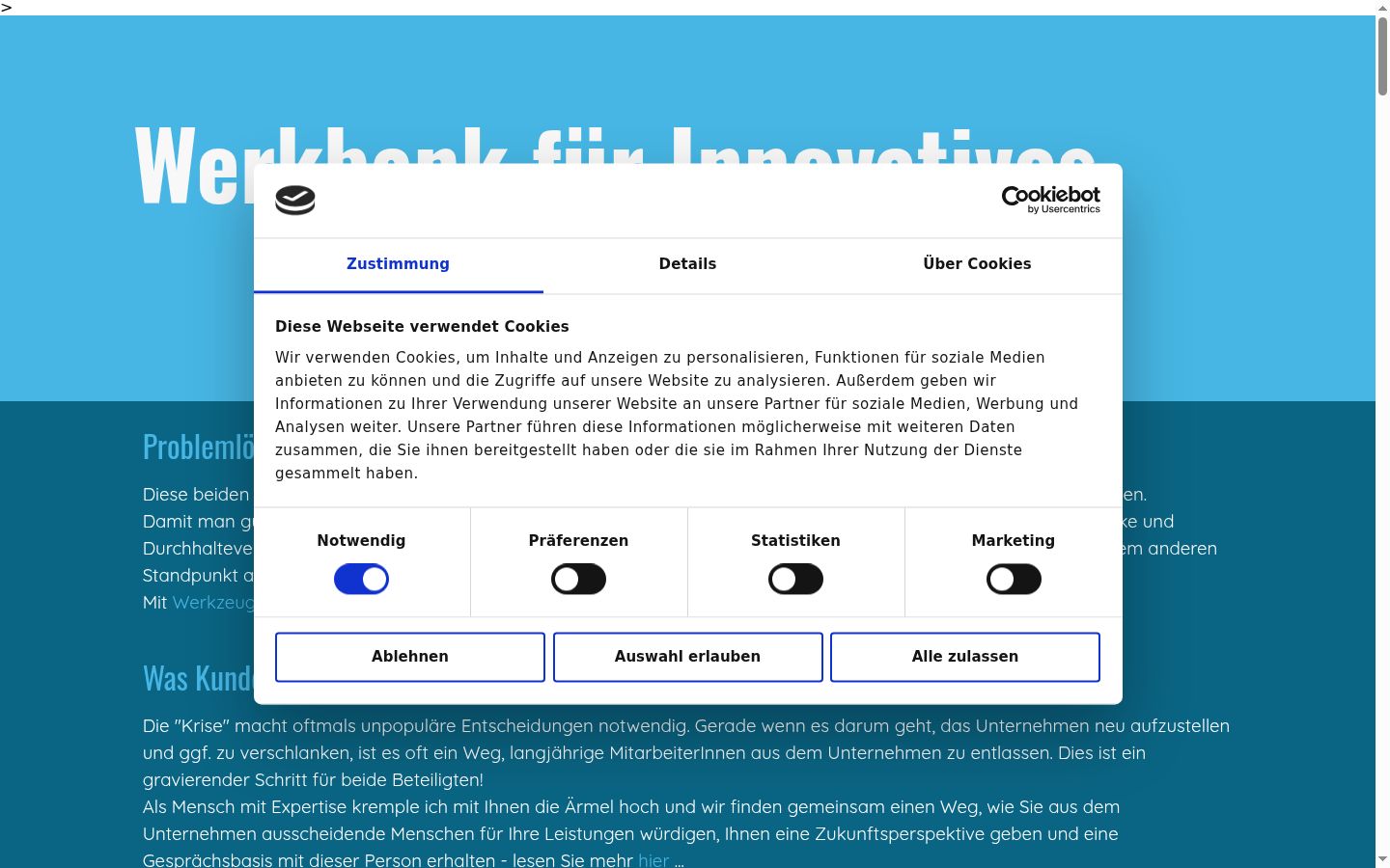 Screenshot des Einwilligungsbanners vor jeglicher Interaktion