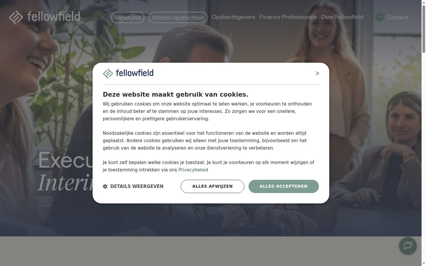 Screenshot van de toestemmingsbanner zoals getoond vóór enige interactie