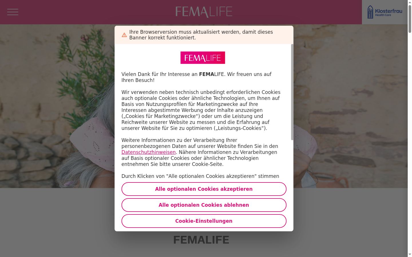 Captura de ecrã do banner de consentimento apresentado antes de qualquer interação