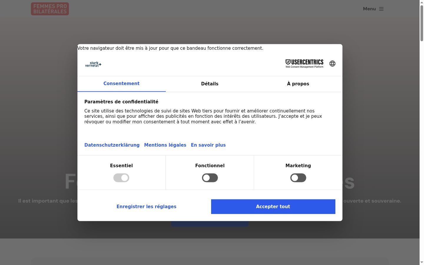 Capture d'écran de la bannière de consentement affichée avant toute interaction