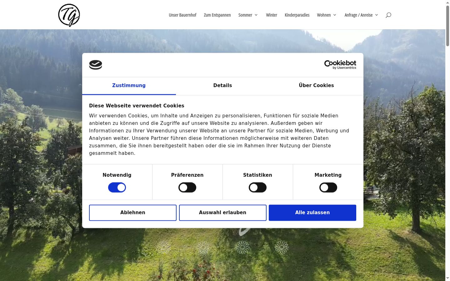 Screenshot des Einwilligungsbanners vor jeglicher Interaktion