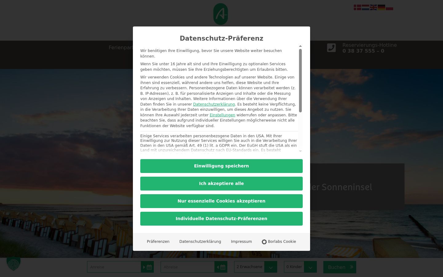 Captura de ecrã do banner de consentimento apresentado antes de qualquer interação