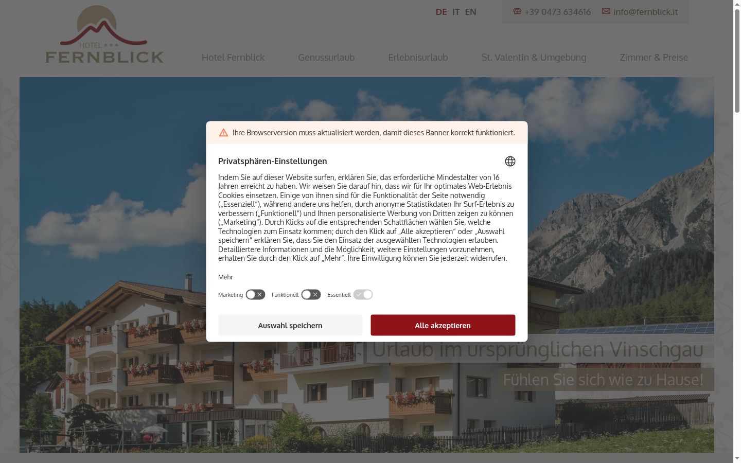 Screenshot des Einwilligungsbanners vor jeglicher Interaktion