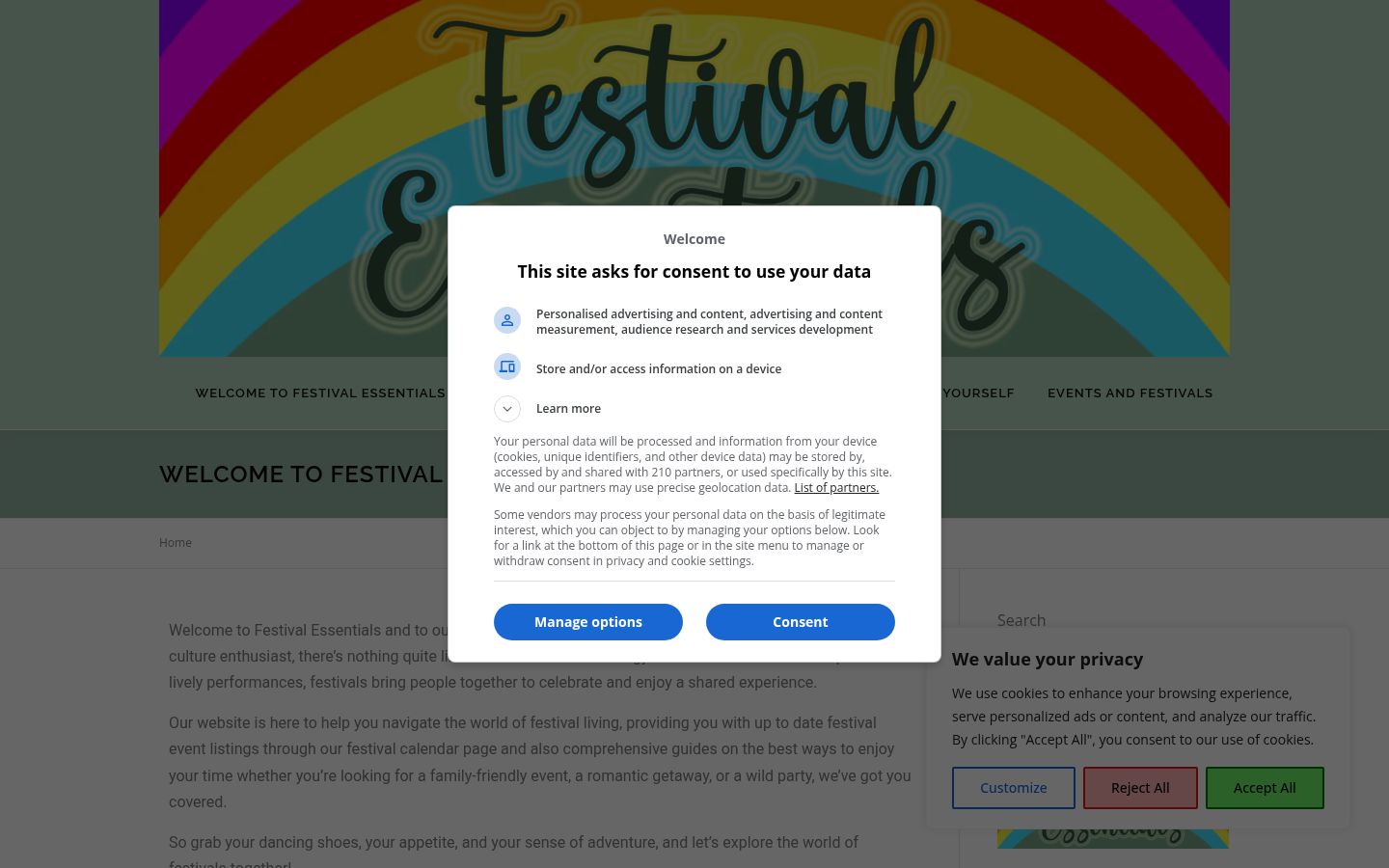 Screenshot of the consent banner shown before any interaction