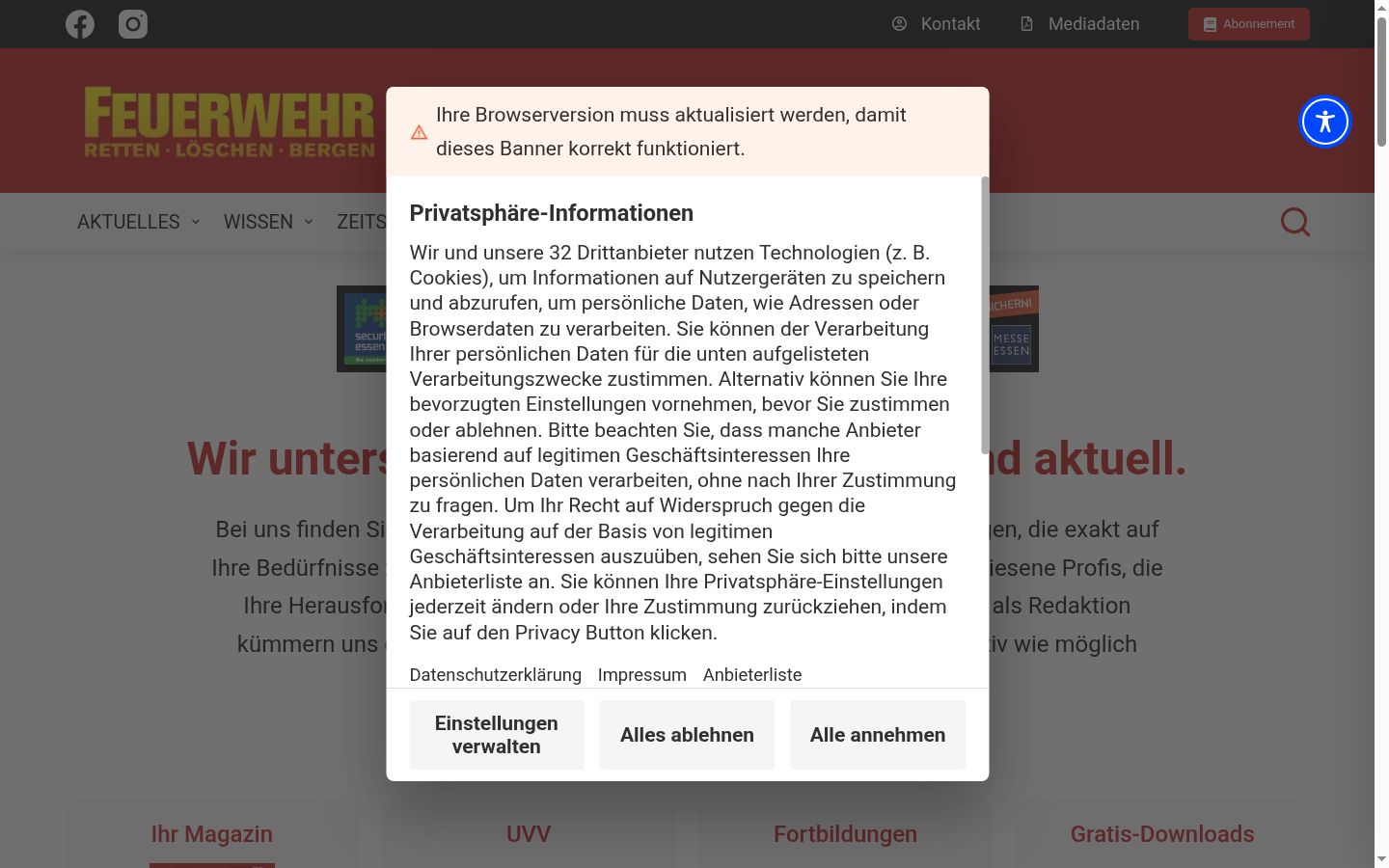Screenshot des Einwilligungsbanners vor jeglicher Interaktion