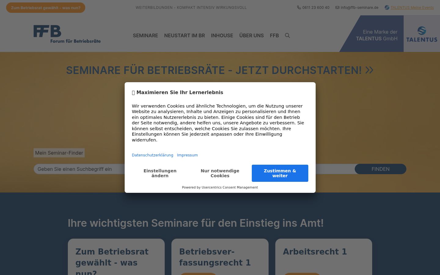 Screenshot des Einwilligungsbanners vor jeglicher Interaktion