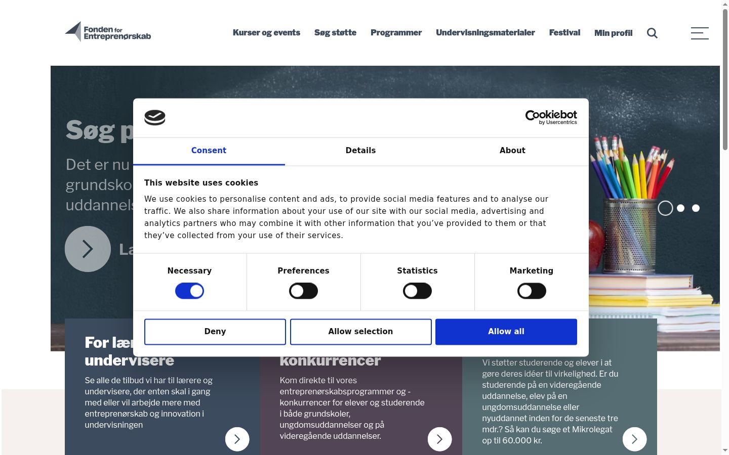 Screenshot del banner di consenso mostrato prima di qualsiasi interazione