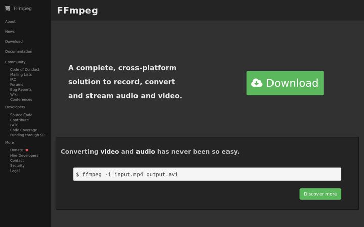 Ekrano kopija ffmpeg.org