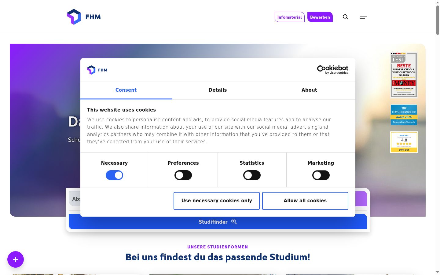 Screenshot del banner di consenso mostrato prima di qualsiasi interazione