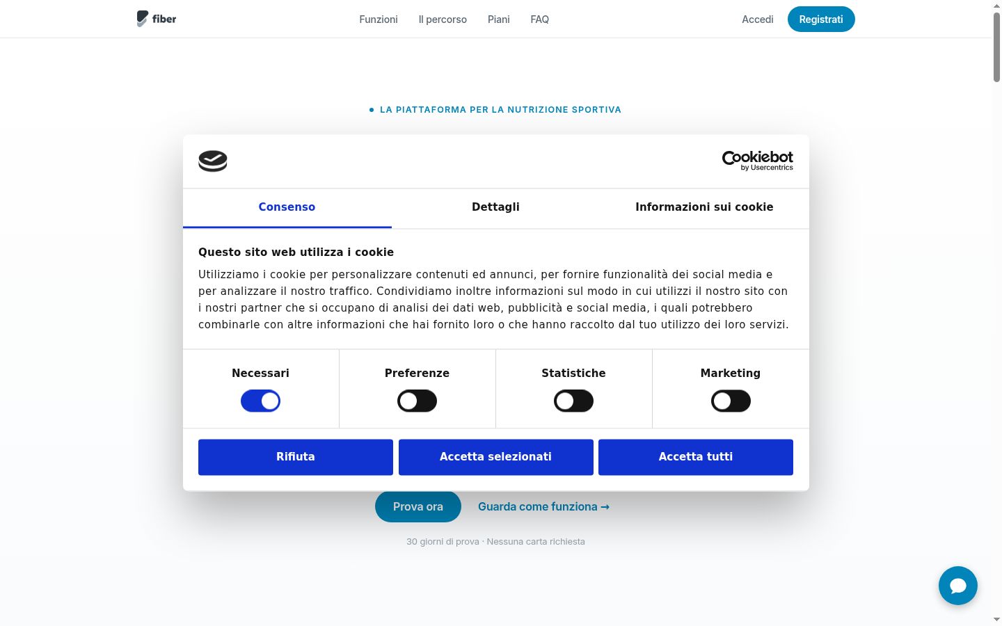 Screenshot del banner di consenso mostrato prima di qualsiasi interazione