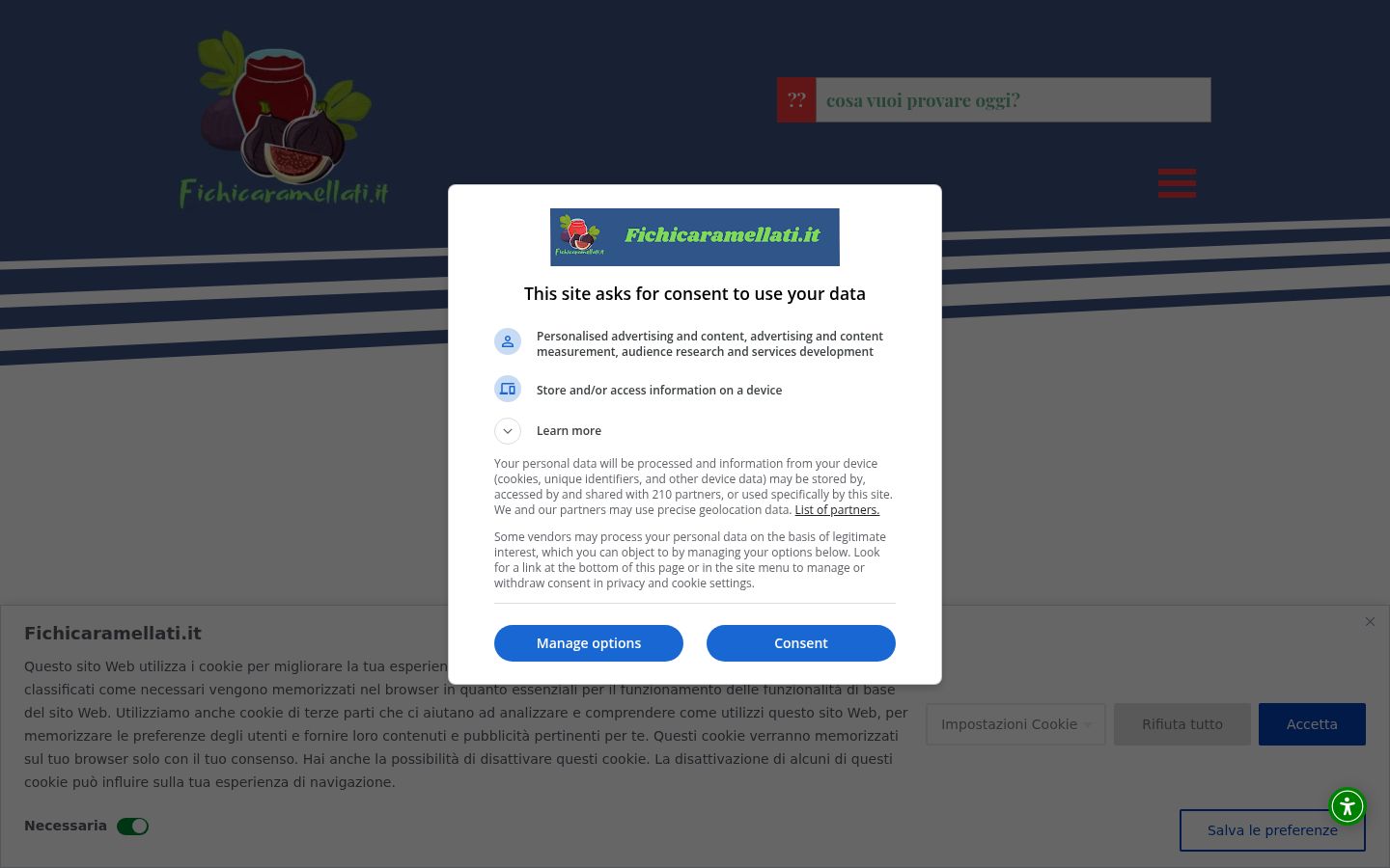 Screenshot del banner di consenso mostrato prima di qualsiasi interazione
