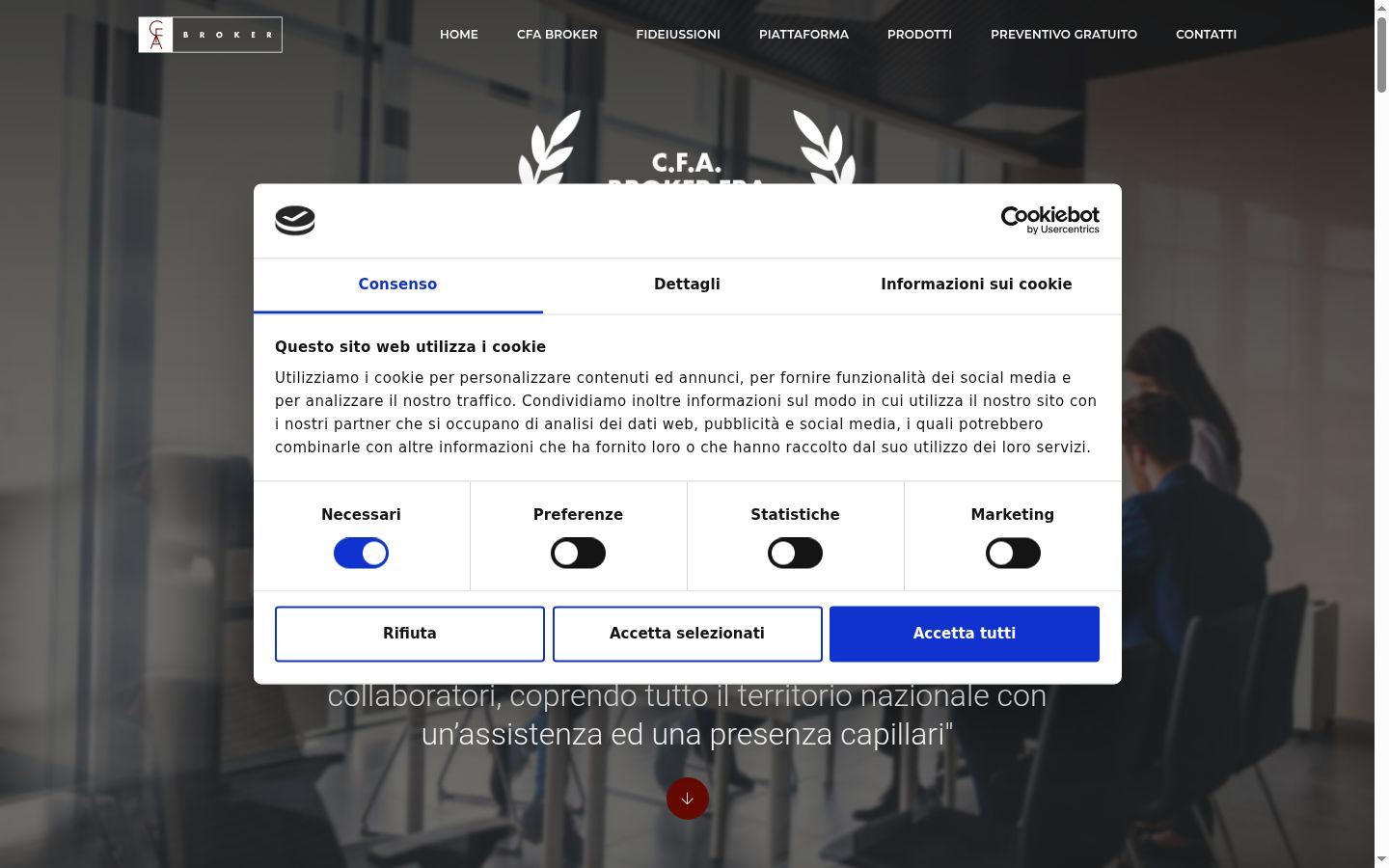 Screenshot del banner di consenso mostrato prima di qualsiasi interazione