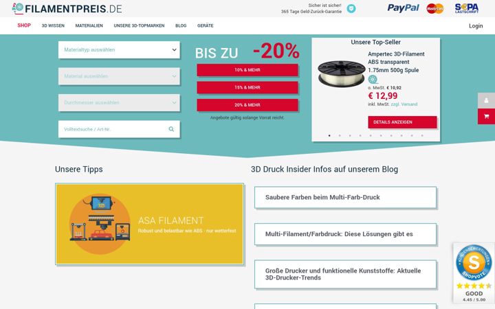 Screenshot of filamentpreis.de