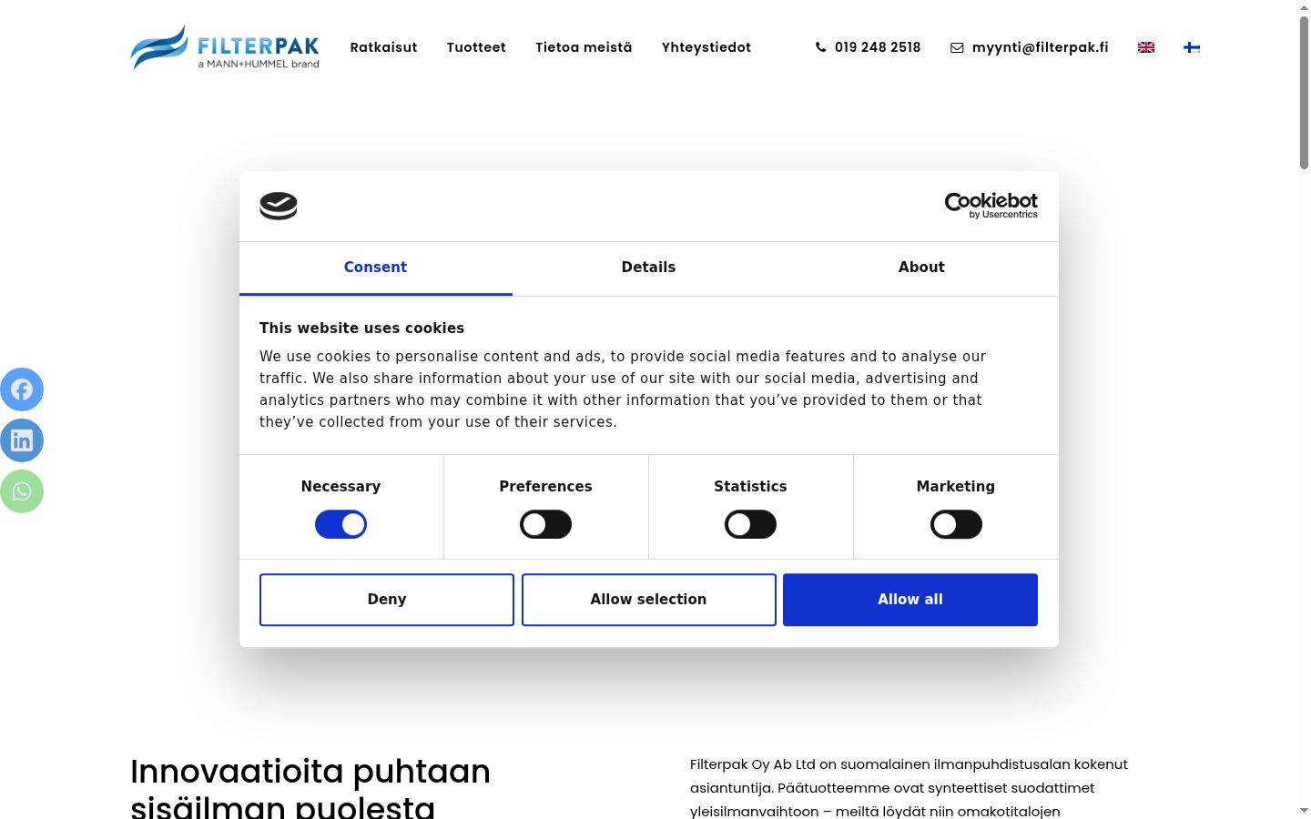 Kuvakaappaus suostumusbannerista, joka näytettiin ennen mitään vuorovaikutusta