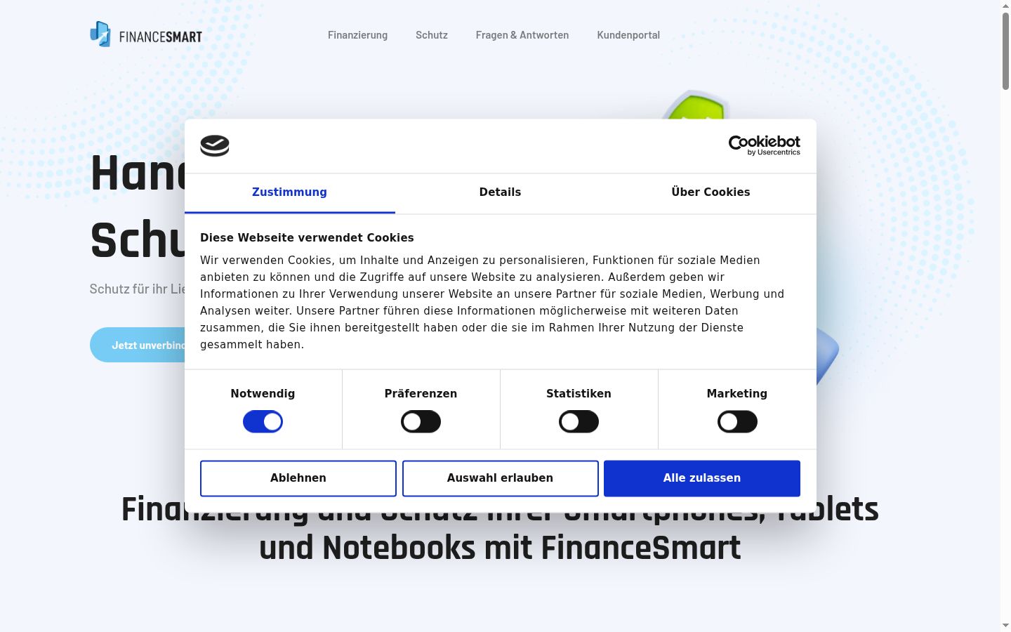 Screenshot des Einwilligungsbanners vor jeglicher Interaktion