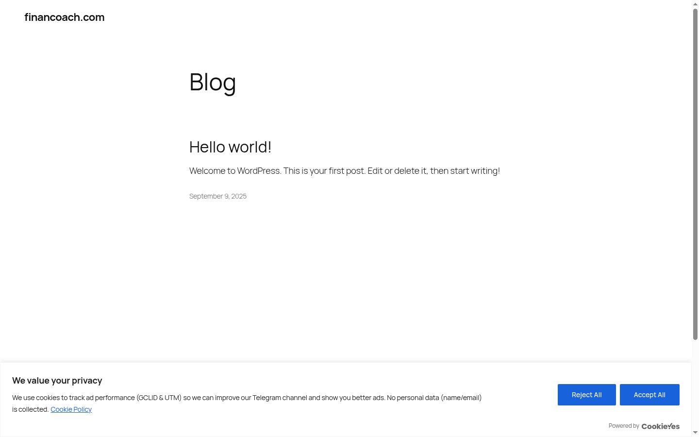 Screenshot del banner di consenso mostrato prima di qualsiasi interazione