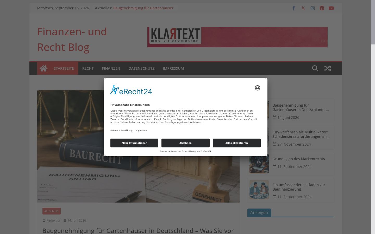 Screenshot des Einwilligungsbanners vor jeglicher Interaktion