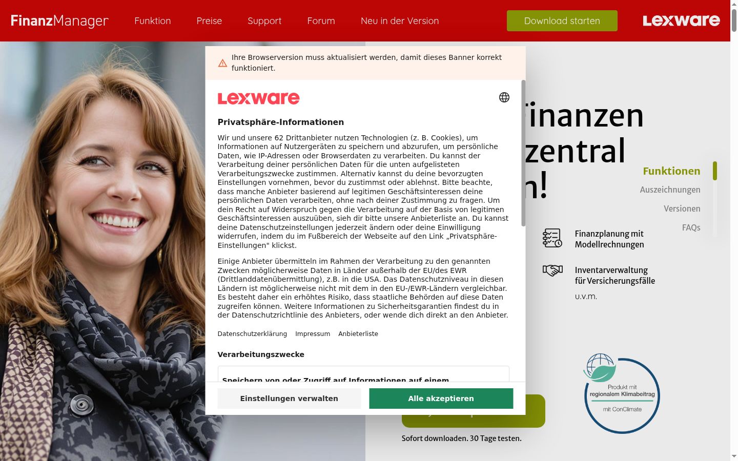 Snímka obrazovky banera súhlasu zobrazeného pred akoukoľvek interakciou