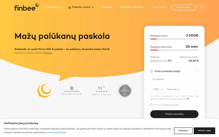 Snímek obrazovky finbee.lt