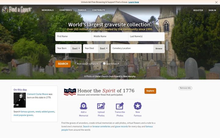 Captură de ecran a findagrave.com