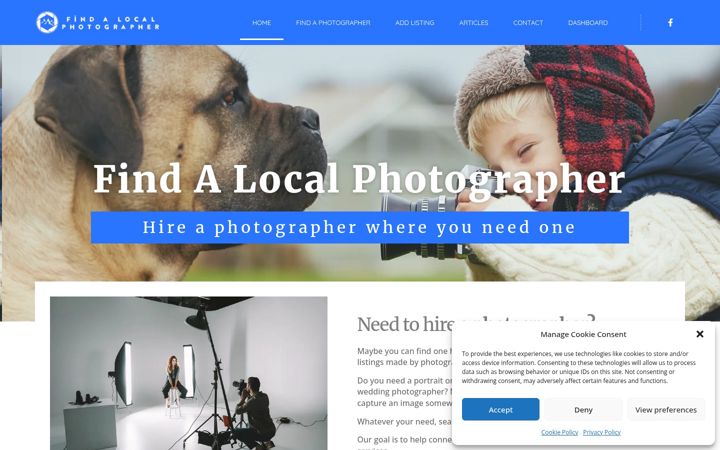 Screenshot of findalocalphotographer.com