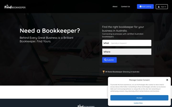 Snímek obrazovky findbookkeeper.com.au