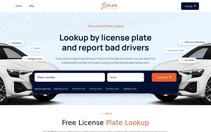Kuvakaappaus sivustosta findbyplate.com