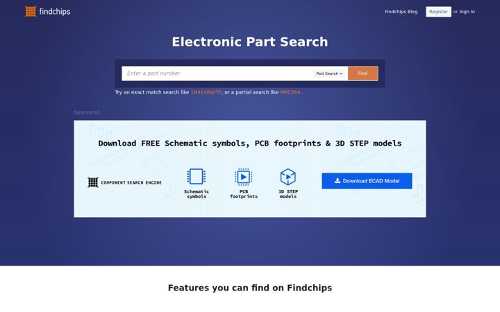 Posnetek zaslona findchips.com