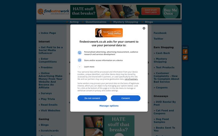 Screenshot ta' findextrawork.co.uk