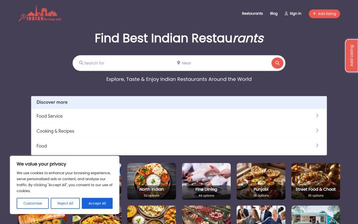 Screenshot of findindianrestaurants.com
