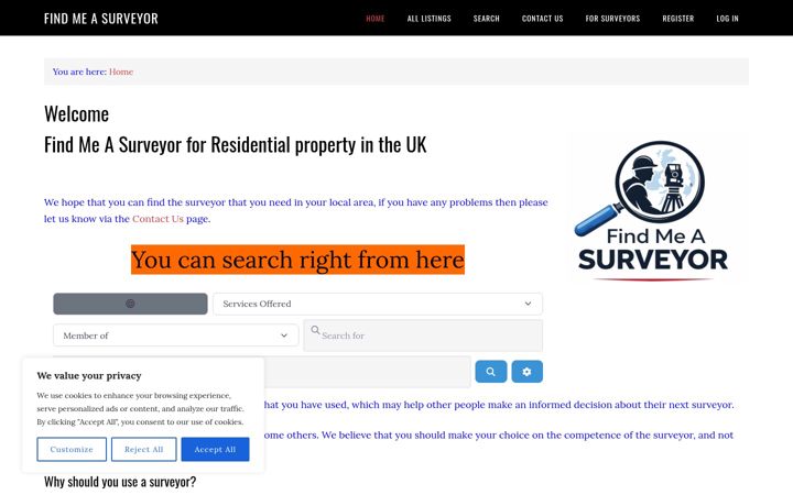 Screenshot of findmeasurveyor.co.uk