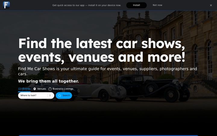 Screenshot ta' findmecarshows.uk