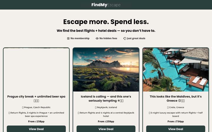 Screenshot ta' findmyescape.co.uk