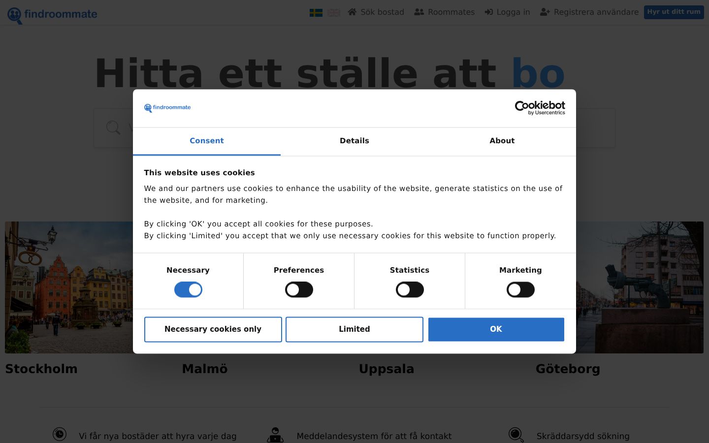 Skjermbilde av samtykkebanneret slik det vises før noen interaksjon