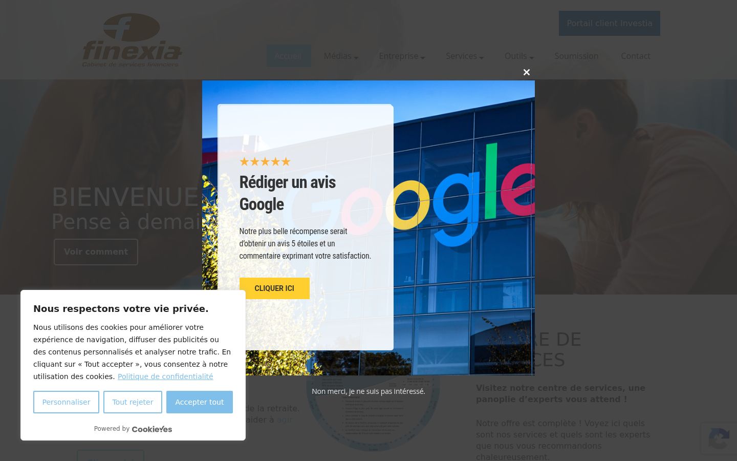 Capture d'écran de la bannière de consentement affichée avant toute interaction