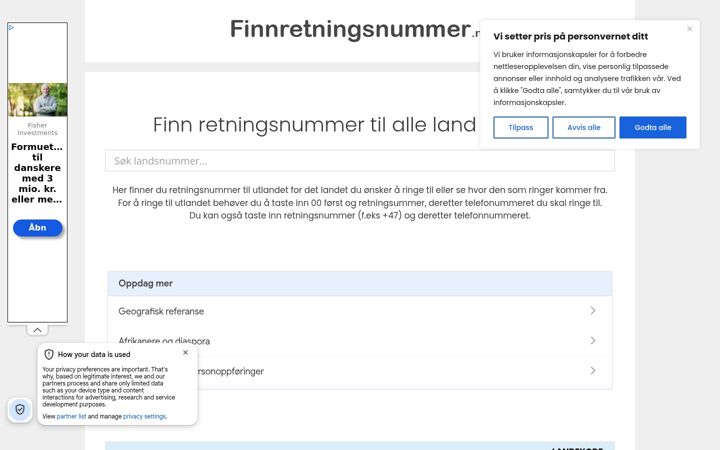 Screenshot of finnretningsnummer.no