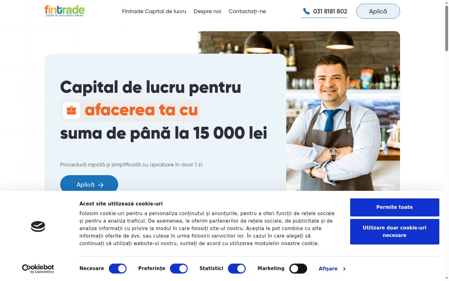 Captură de ecran a bannerului de consimțământ afișat înainte de orice interacțiune