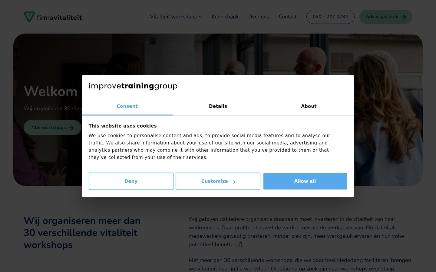 Screenshot del banner di consenso mostrato prima di qualsiasi interazione