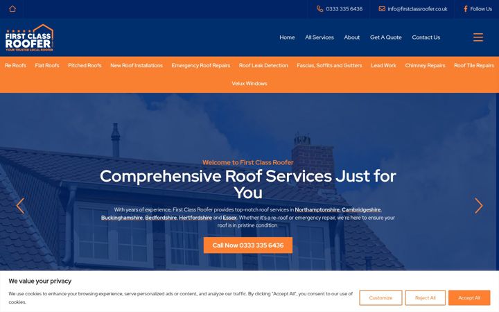 Screenshot of firstclassroofer.co.uk
