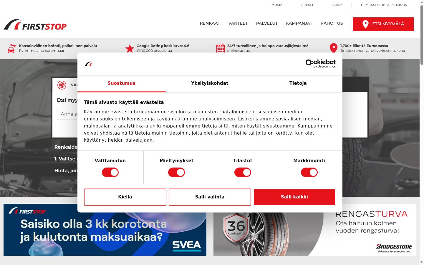 Kuvakaappaus suostumusbannerista, joka näytettiin ennen mitään vuorovaikutusta
