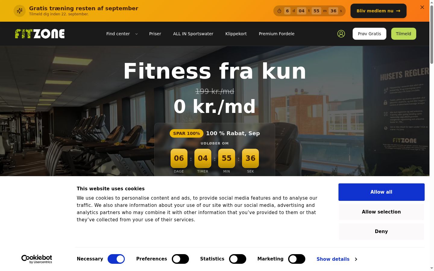 Skærmbillede af samtykkebanneret, som det blev vist før nogen interaktion
