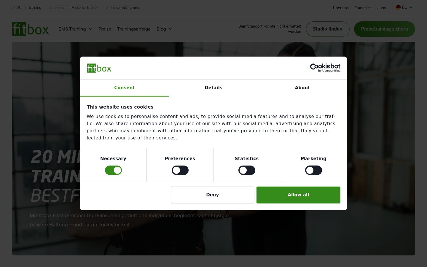 Screenshot del banner di consenso mostrato prima di qualsiasi interazione