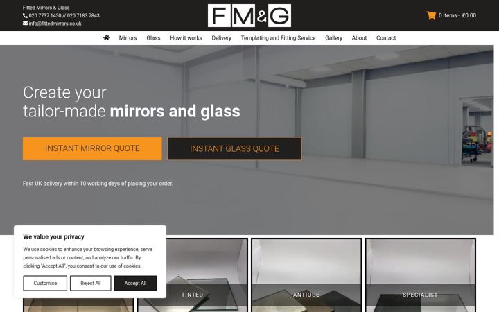 Screenshot ta' fittedmirrorsandglass.co.uk