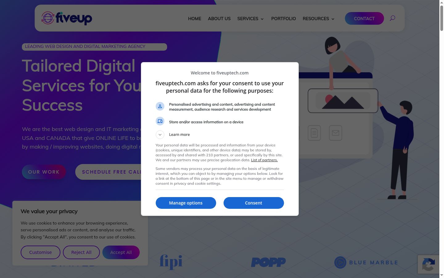Captura de ecrã do banner de consentimento apresentado antes de qualquer interação