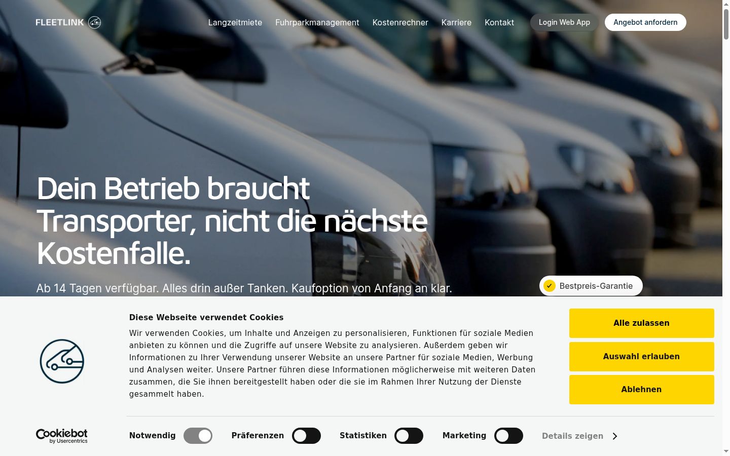 Screenshot des Einwilligungsbanners vor jeglicher Interaktion
