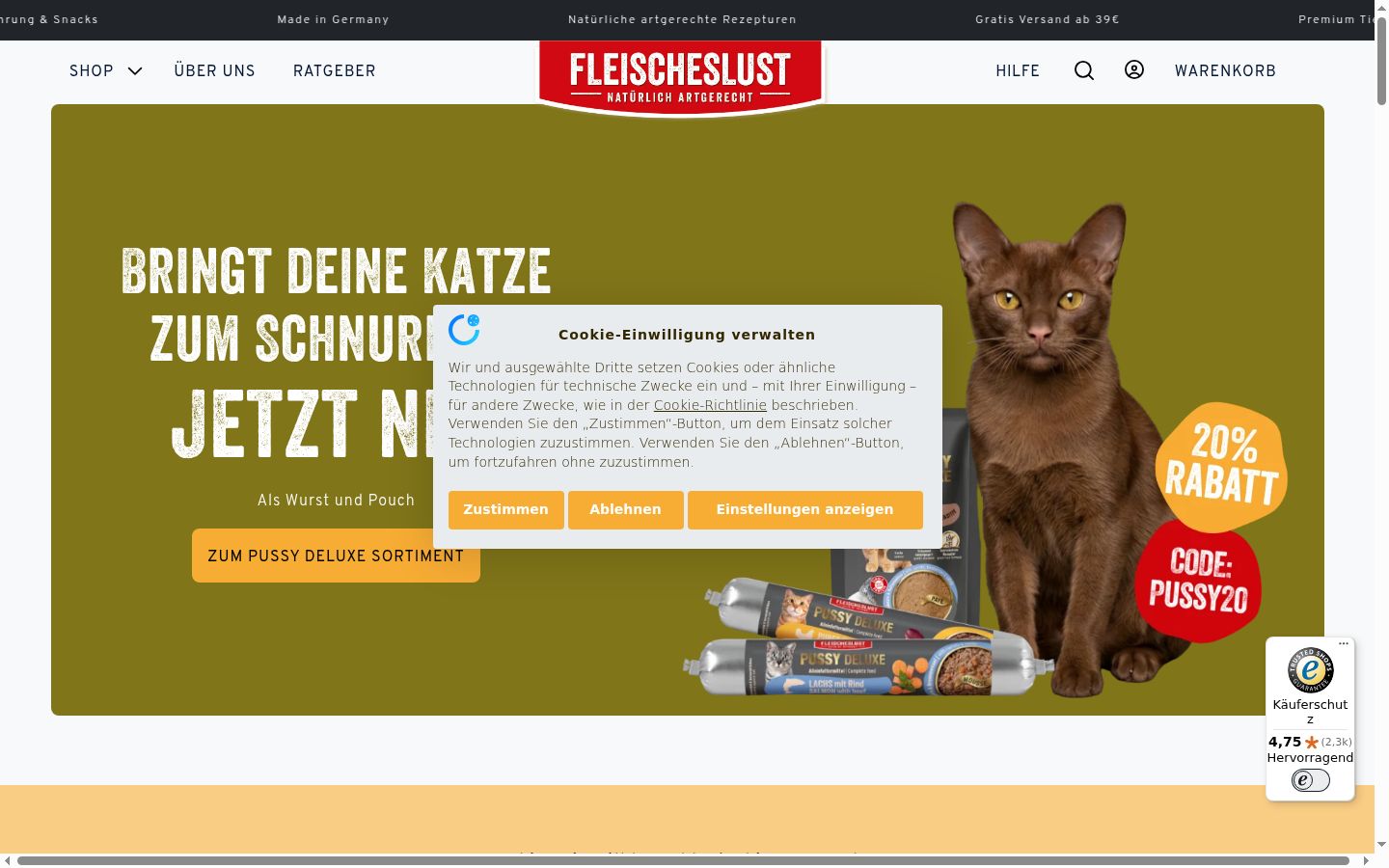 Screenshot des Einwilligungsbanners vor jeglicher Interaktion