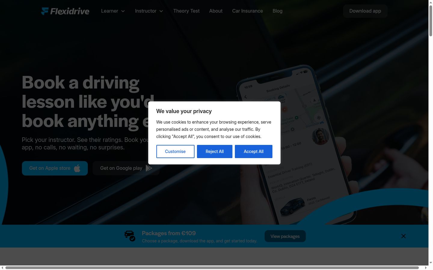 Screenshot del banner di consenso mostrato prima di qualsiasi interazione