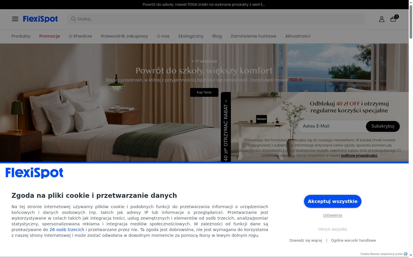 Zrzut ekranu banera zgody wyświetlanego przed jakąkolwiek interakcją